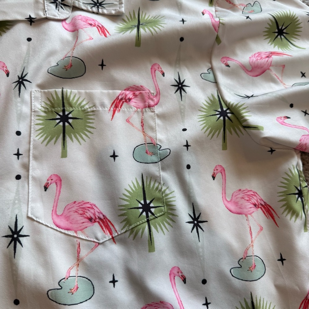 Hardaddy Men's White Flamingo Print Short-Sleeve Shirt Size Large - Picture 3 of 8